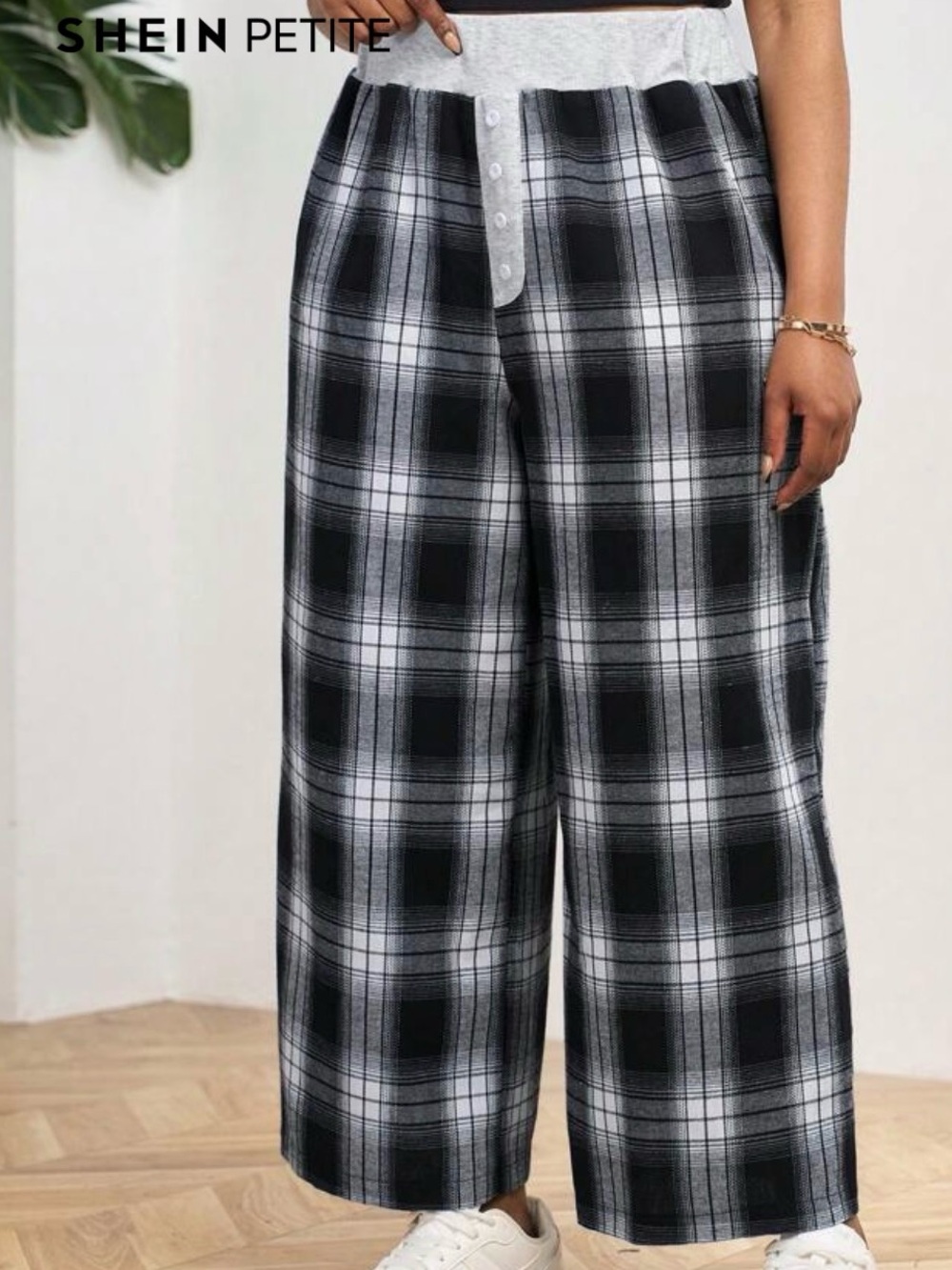 SHEIN Black & White Plaid Wide Leg Pants with Button Front